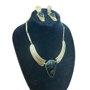 RARE Vintage IXEL Signed Aztec Mexican Necklace & Earrings- Obsidian Protection